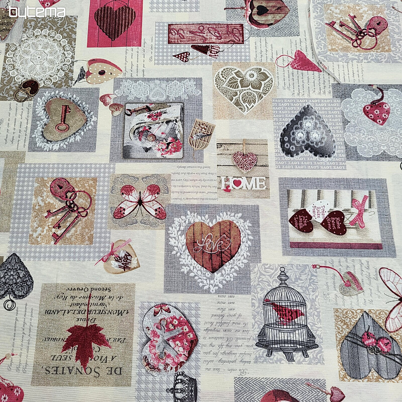 Tissu déco HEART SHABBY bordeaux