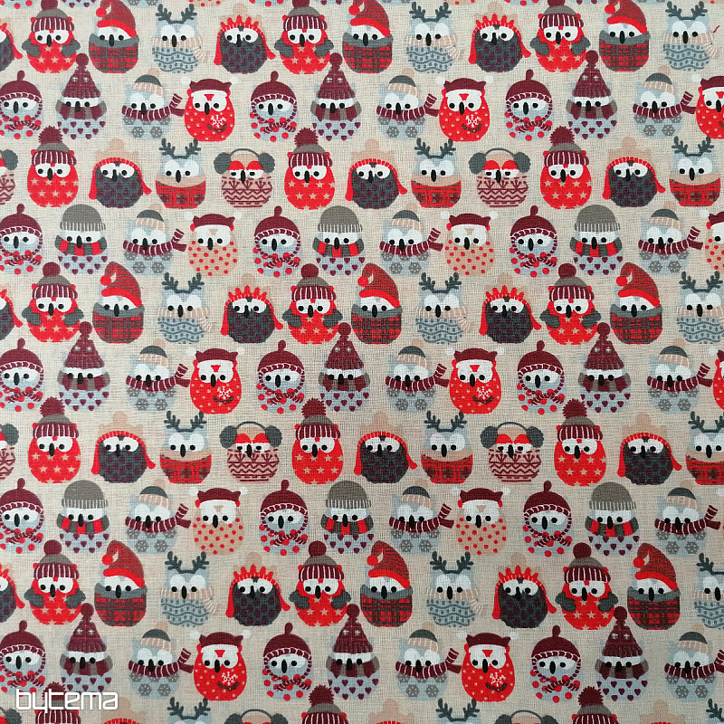 Tissu coton OWLS IN WINTER rouge