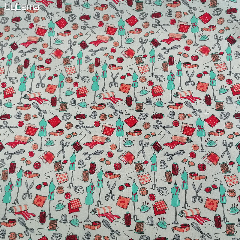 Tissu coton ATELIER DE COUTURE turquoise-rouge