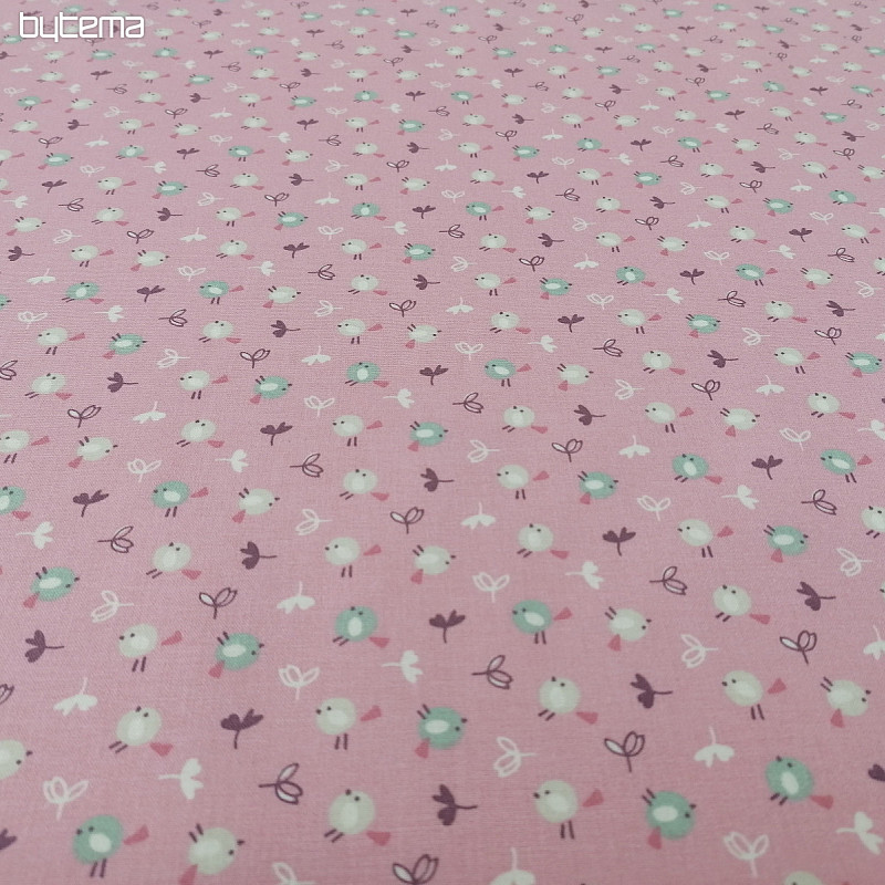 Tissu en coton MIOU oiseaux roses