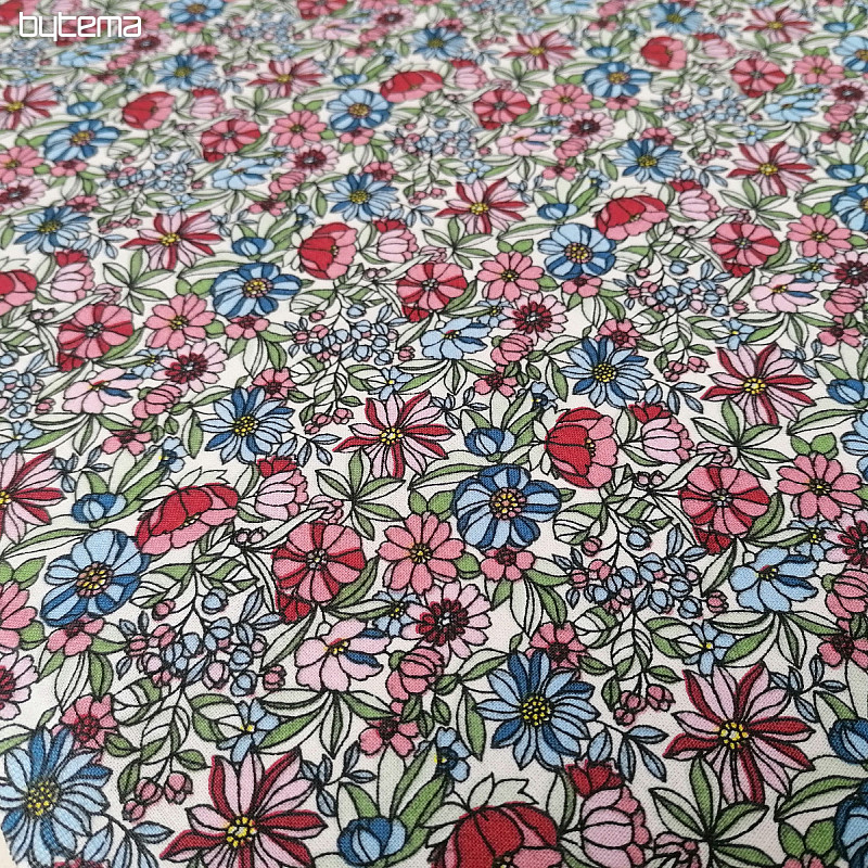 Tissu coton Fleurs Apoléna rose-bleu