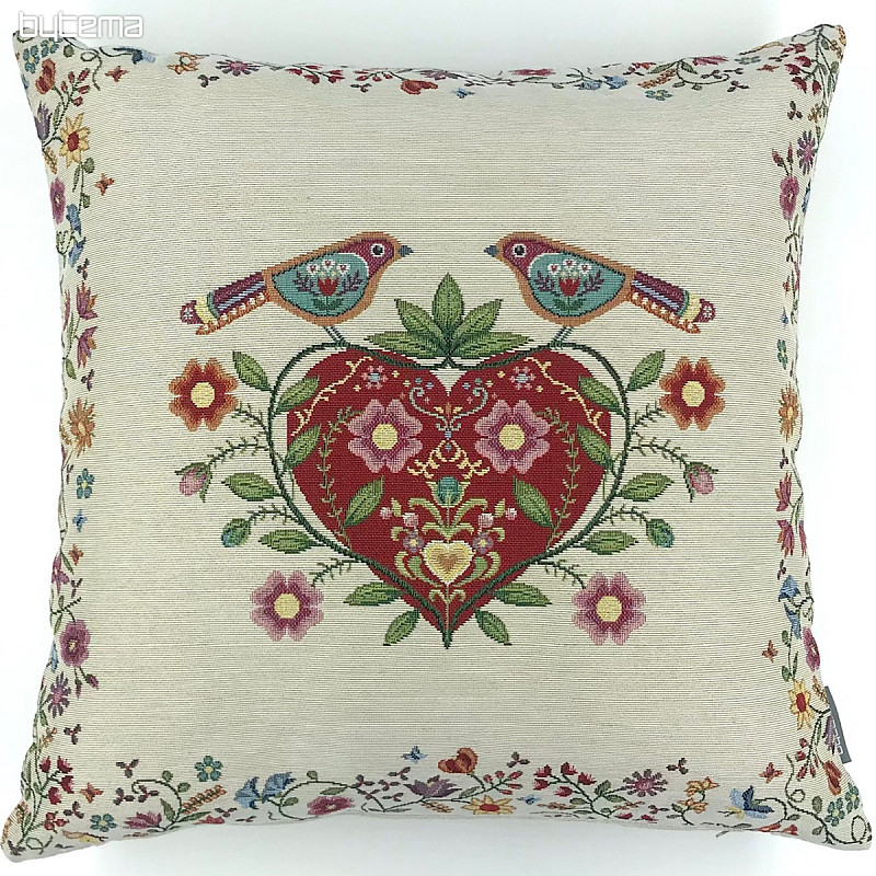 Housse de coussin tapisserie COEURS ET OISEAUX