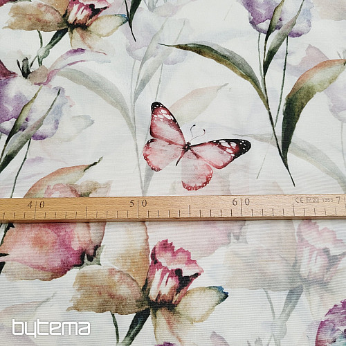 Tissu décoratif FLEURS ET PAPILLONS CATALEYA vert-violet
