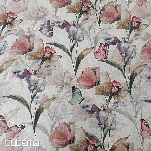 Tissu décoratif FLEURS ET PAPILLONS CATALEYA vert-violet
