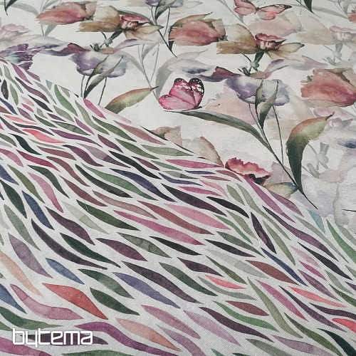 Tissu décoratif FLEURS ET PAPILLONS CATALEYA vert-violet