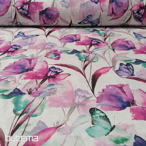 Tissu décoratif FLEURS ET PAPILLONS CATALEYA VIOLET TURQUOISE