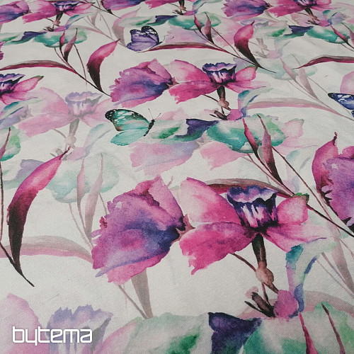 Tissu décoratif FLEURS ET PAPILLONS CATALEYA VIOLET TURQUOISE
