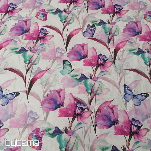 Tissu décoratif FLEURS ET PAPILLONS CATALEYA VIOLET TURQUOISE