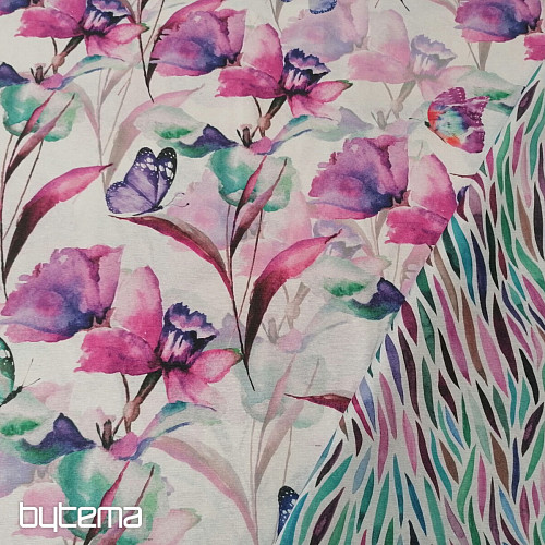 Tissu décoratif FLEURS ET PAPILLONS CATALEYA VIOLET TURQUOISE