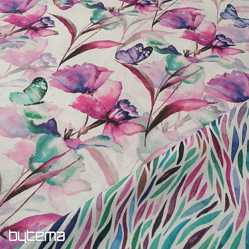 Tissu décoratif FLEURS ET PAPILLONS CATALEYA VIOLET TURQUOISE