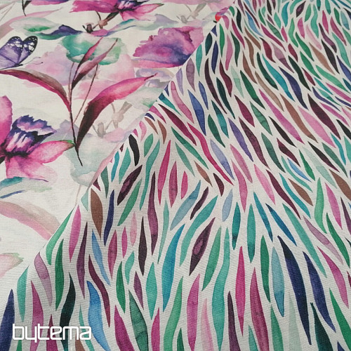 Tissu décoratif FLEURS ET PAPILLONS CATALEYA VIOLET TURQUOISE
