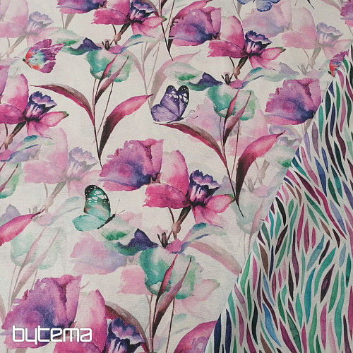 Tissu décoratif FLEURS ET PAPILLONS CATALEYA VIOLET TURQUOISE