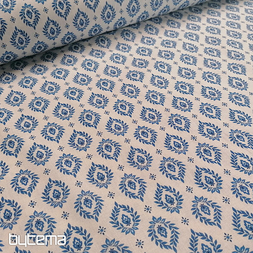 Tissu coton FOLK FEUILLES BLEUES
