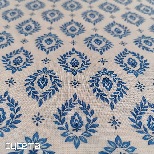 Tissu coton FOLK FEUILLES BLEUES