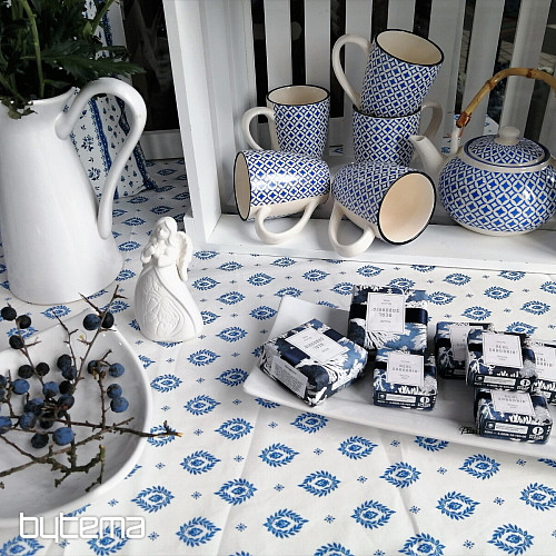 Tissu coton FOLK FEUILLES BLEUES