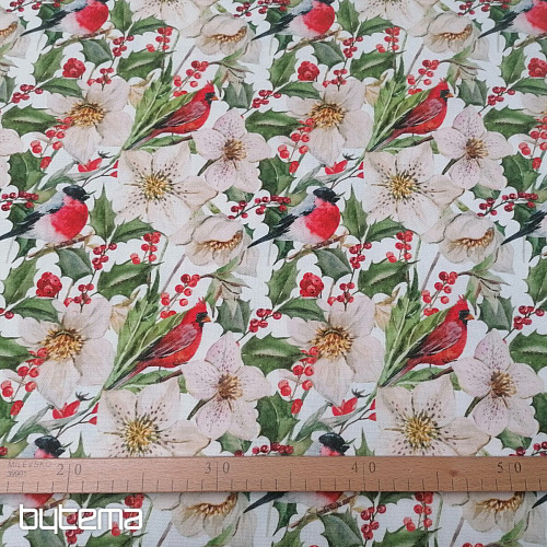 Tissu de décoration de Noël Houx avec des oiseaux