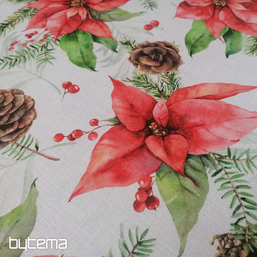 Tissu de décoration de Noël Poinsettia et pommes de pin
