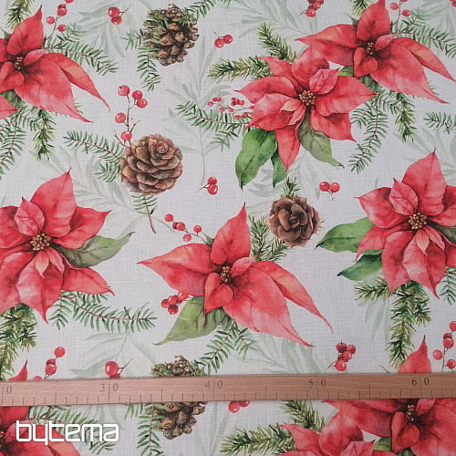 Tissu de décoration de Noël Poinsettia et pommes de pin
