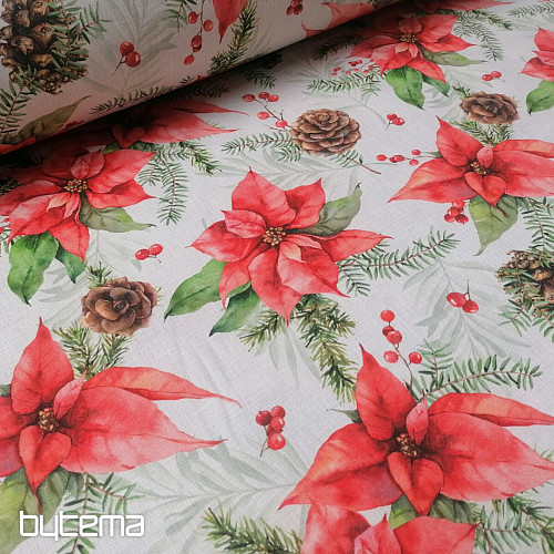 Tissu de décoration de Noël Poinsettia et pommes de pin