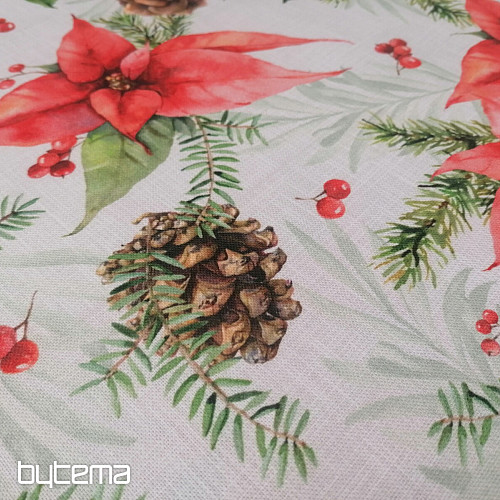 Tissu de décoration de Noël Poinsettia et pommes de pin