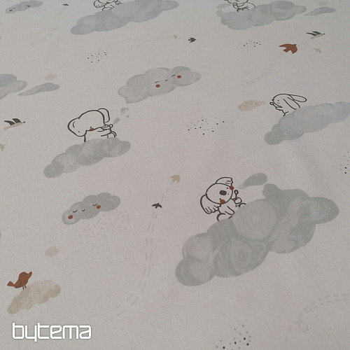 Tissu coton Animaux sur un nuage - blanc