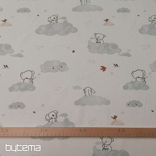 Tissu coton Animaux sur un nuage - blanc