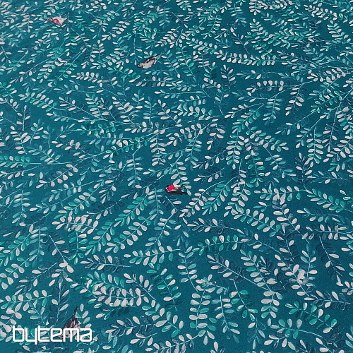 Tissu en coton Brindilles avec oiseaux turquoise