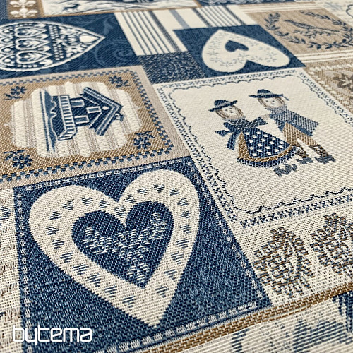 Tissu jacquard décoratif PATCHWORK HEARTS BLEU