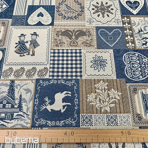 Tissu jacquard décoratif PATCHWORK HEARTS BLEU