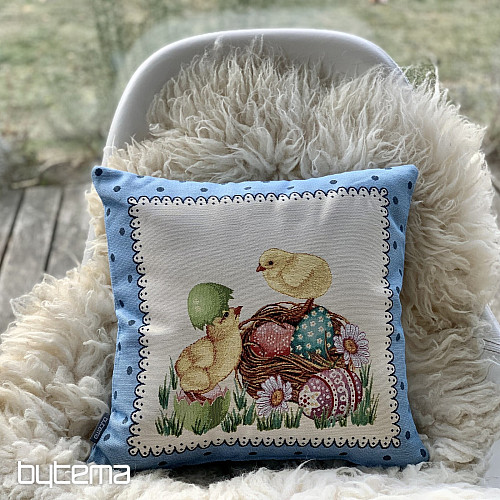 Housse de coussin Gobelin POUSSIN DE PÂQUES cadre bleu