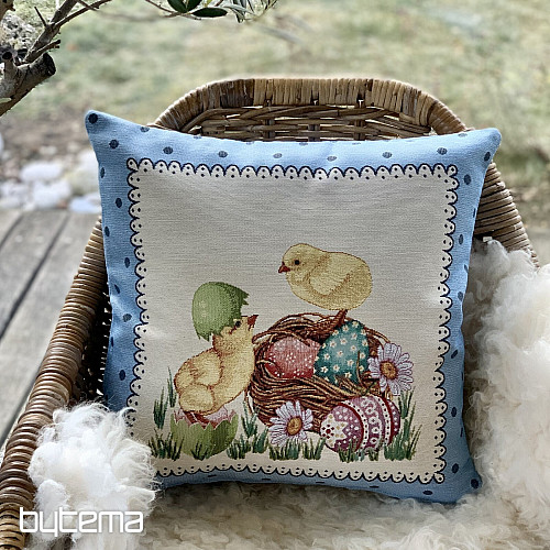 Housse de coussin Gobelin POUSSIN DE PÂQUES cadre bleu