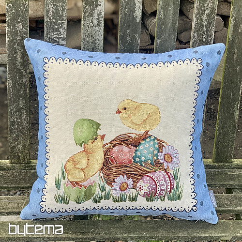Housse de coussin Gobelin POUSSIN DE PÂQUES cadre bleu
