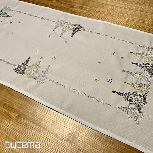 Nappe et châles de Noël brodés ARBRES OR BLANC