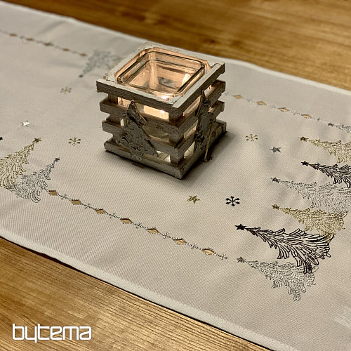 Nappe et châles de Noël brodés ARBRES OR BLANC