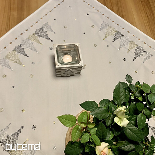 Nappe et châles de Noël brodés ARBRES OR BLANC