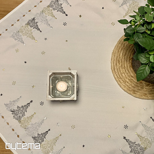 Nappe et châles de Noël brodés ARBRES OR BLANC