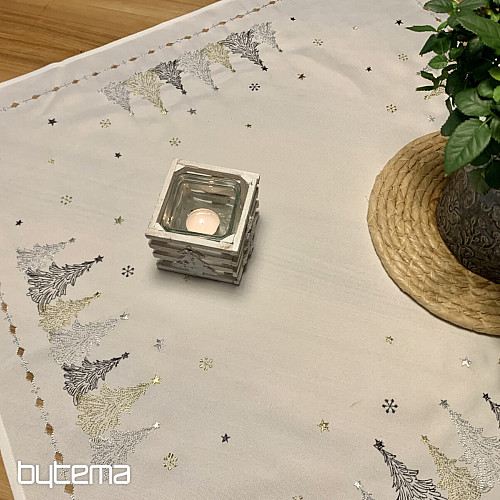 Nappe et châles de Noël brodés ARBRES OR BLANC