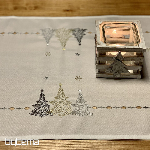 Nappe et châles de Noël brodés ARBRES OR BLANC