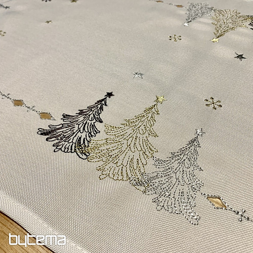 Nappe et châles de Noël brodés ARBRES OR BLANC