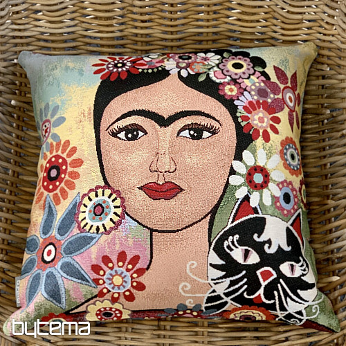 Housse de coussin tapisserie FRIDA avec un chat