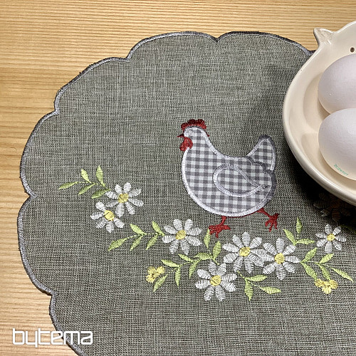 Nappe et écharpe de Pâques brodées POULE ET FLEURS gris