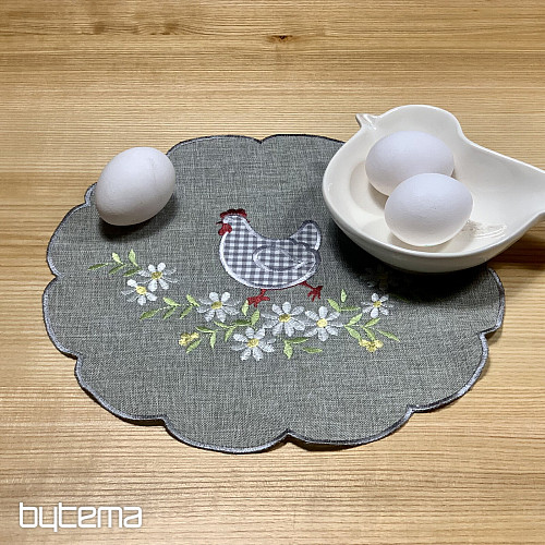 Nappe et écharpe de Pâques brodées POULE ET FLEURS gris
