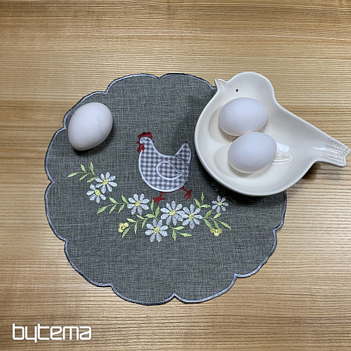 Nappe et écharpe de Pâques brodées POULE ET FLEURS gris