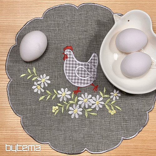 Nappe et écharpe de Pâques brodées POULE ET FLEURS gris
