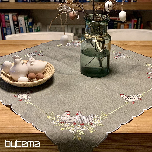 Nappe et écharpe de Pâques brodées POULE ET FLEURS gris