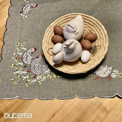 Nappe et écharpe de Pâques brodées POULE ET FLEURS gris