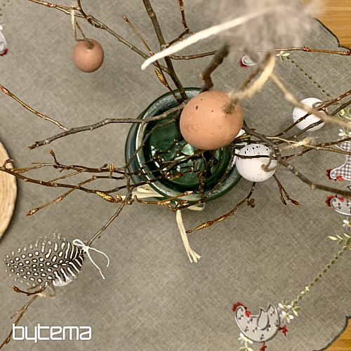 Nappe et écharpe de Pâques brodées POULE ET FLEURS gris