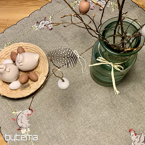 Nappe et écharpe de Pâques brodées POULE ET FLEURS gris