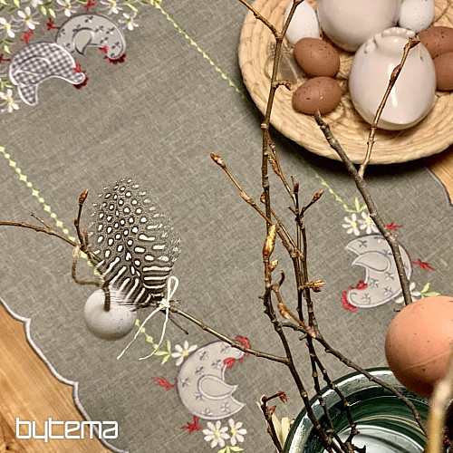 Nappe et écharpe de Pâques brodées POULE ET FLEURS gris