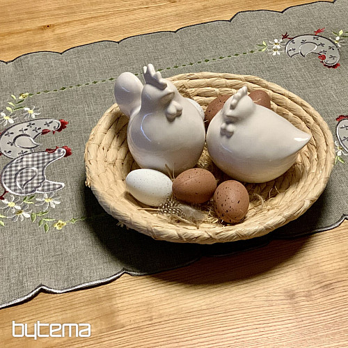 Nappe et écharpe de Pâques brodées POULE ET FLEURS gris